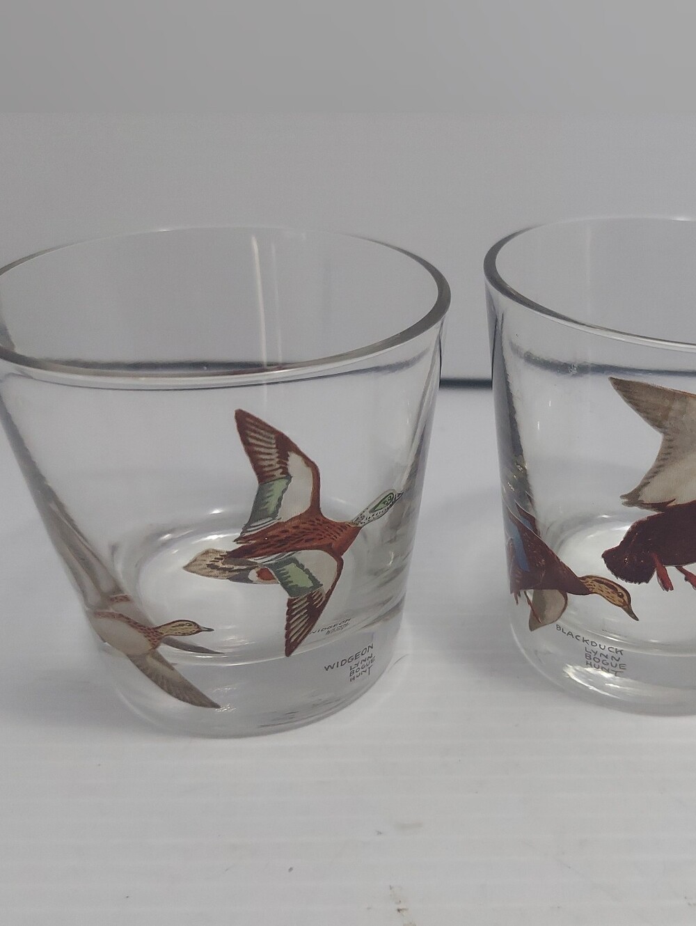 Rare Set Of 2 Vintage Lynn Bogue Hunt Widgeon & Blackduck Whiskey Glasses 4”
